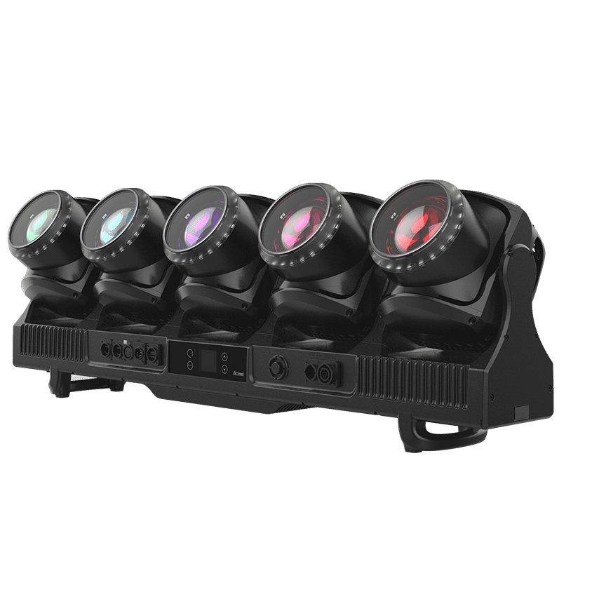 Five black LED moving-head stage lights