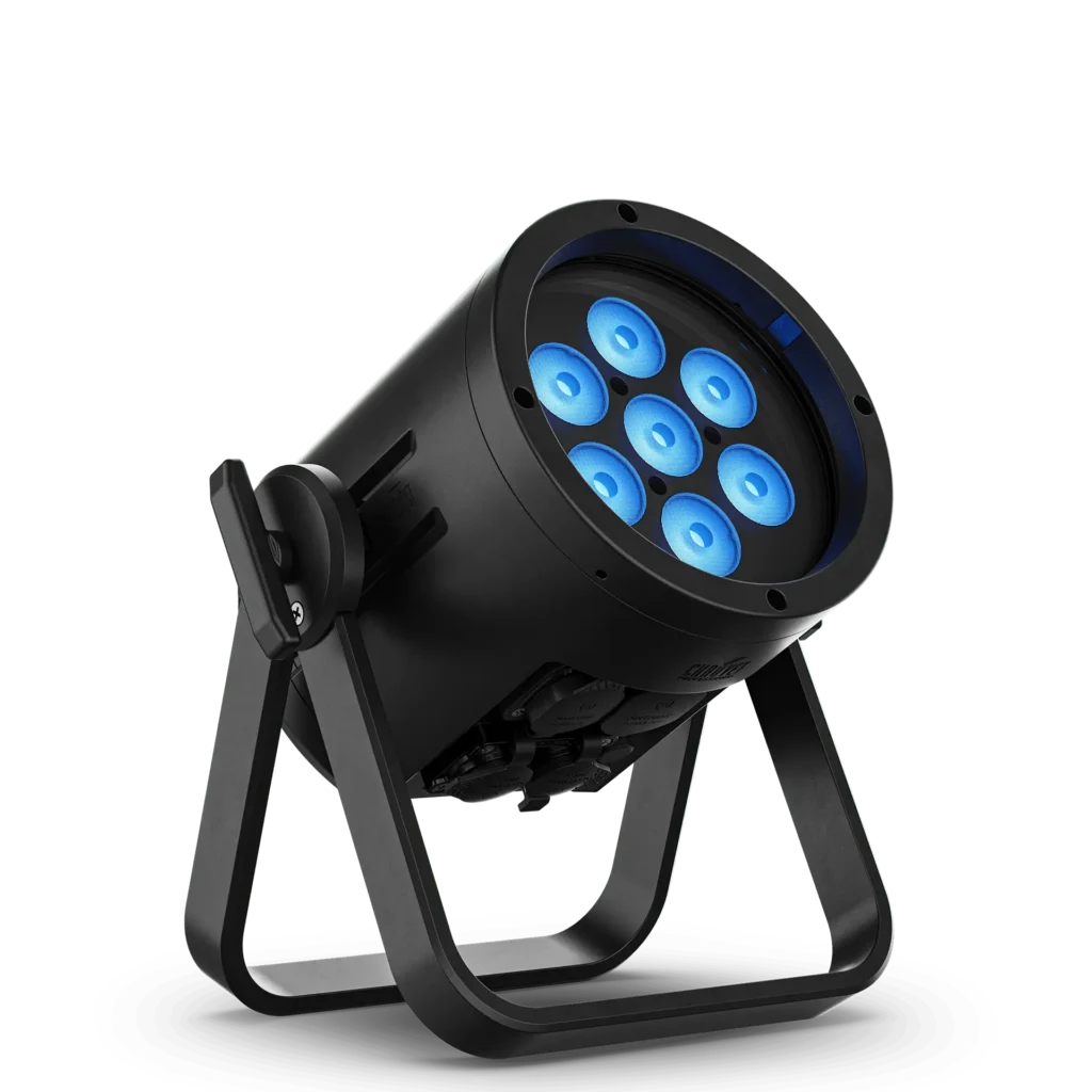 Black spotlight with multiple blue LED bulbs