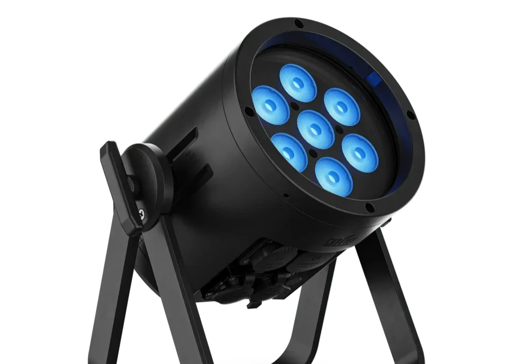Black spotlight with multiple blue LED bulbs